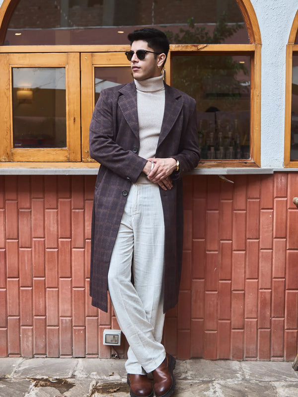 Men Ankle Length Checkered Long Coat