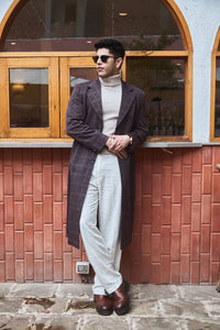 Men Ankle Length Checkered Long Coat