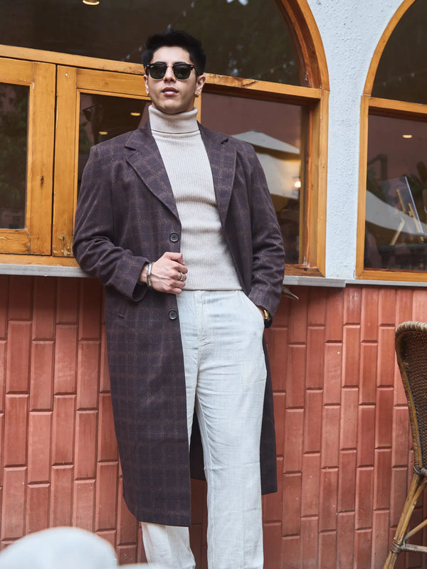 Men Ankle Length Checkered Long Coat