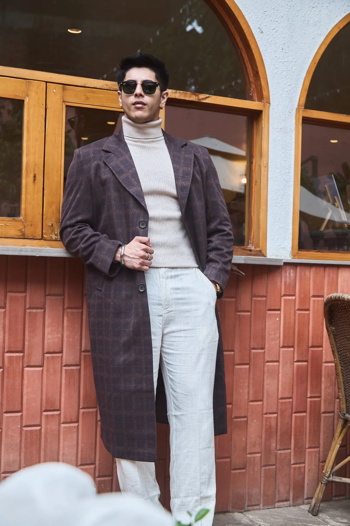 Men Ankle Length Checkered Long Coat