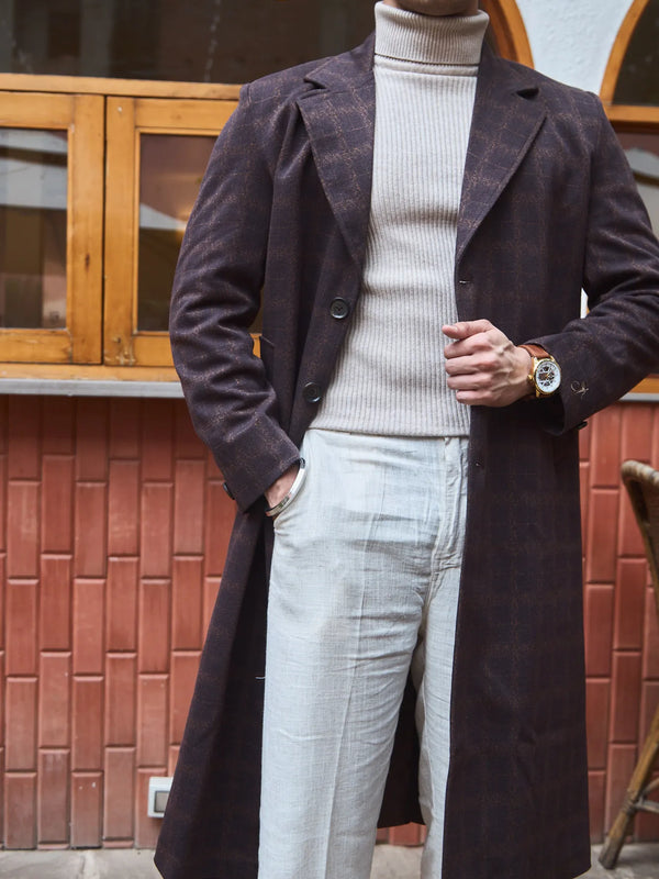 Men Ankle Length Checkered Long Coat