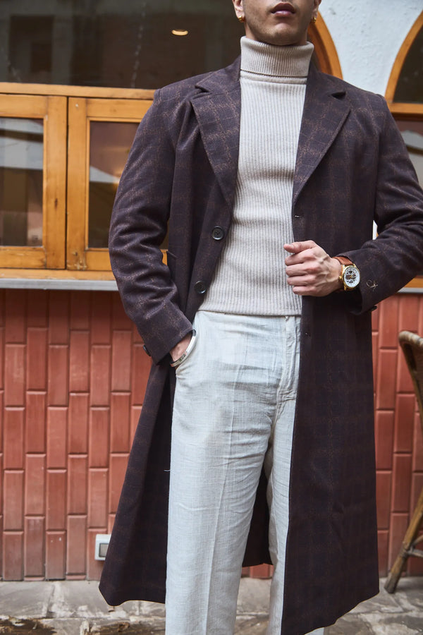 Men Ankle Length Checkered Long Coat