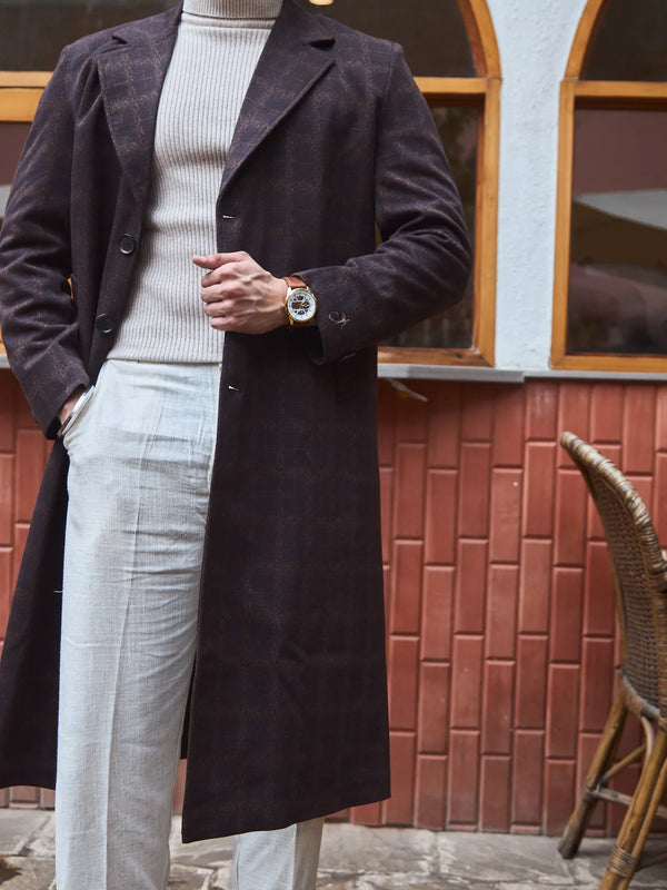 Men Ankle Length Checkered Long Coat