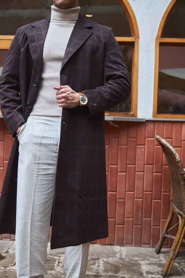 Men Ankle Length Checkered Long Coat