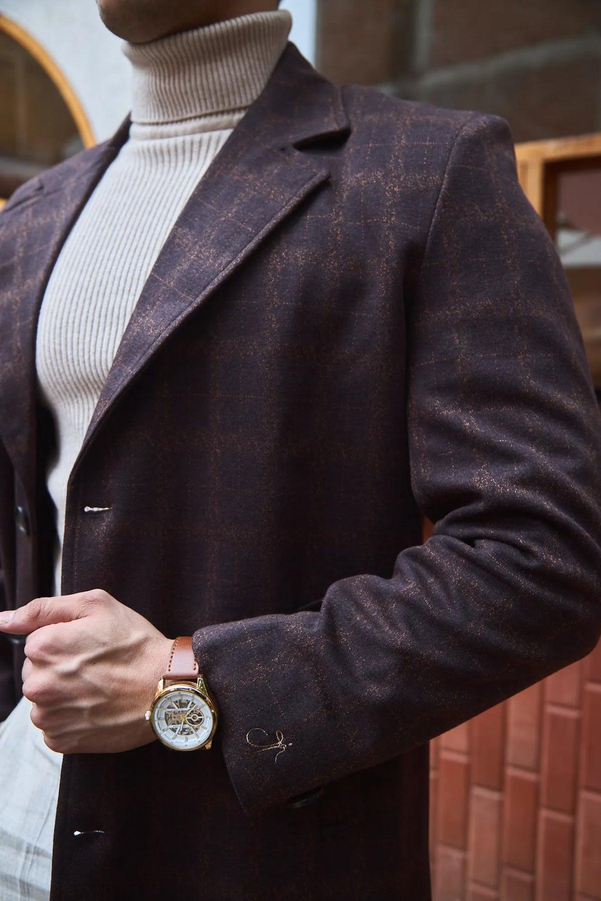 Men Ankle Length Checkered Long Coat