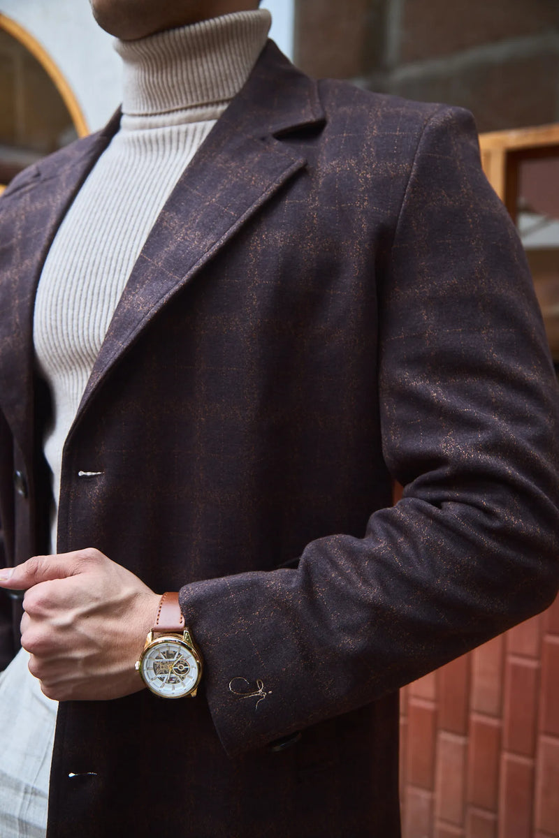 Men Ankle Length Checkered Long Coat