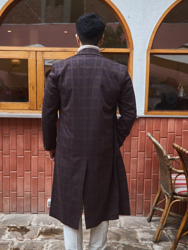 Men Ankle Length Checkered Long Coat