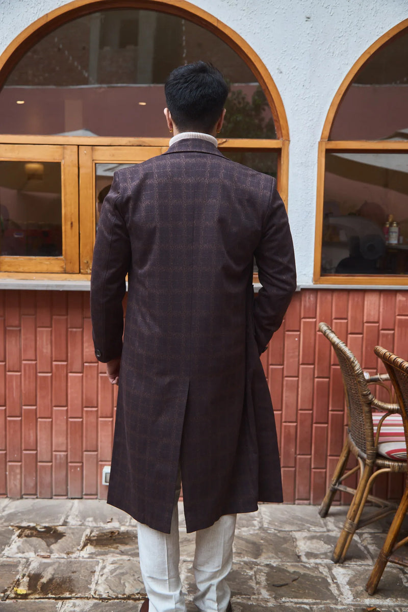 Men Ankle Length Checkered Long Coat