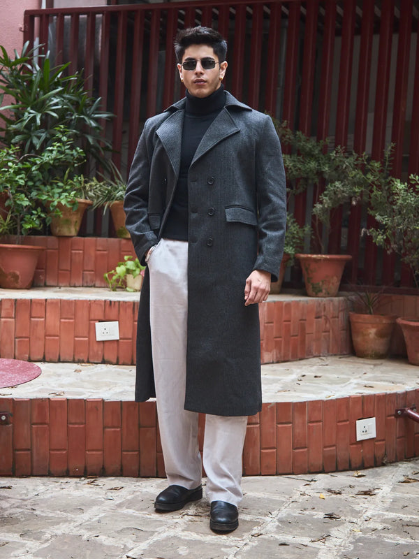 Men Ankle Length Striped Long Coat