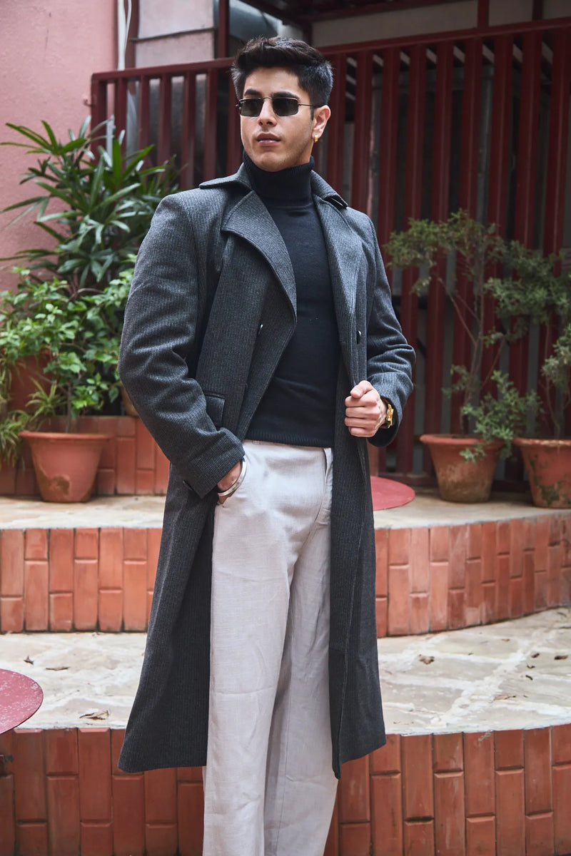 Men Ankle Length Striped Long Coat