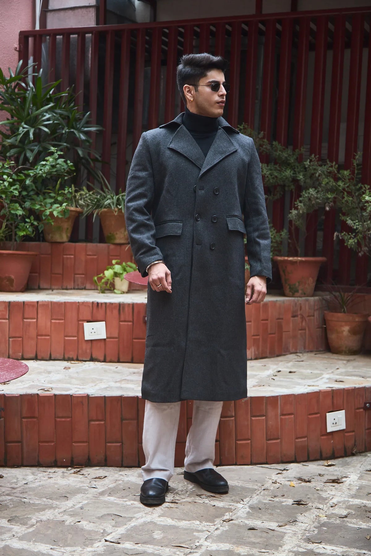Men Ankle Length Striped Long Coat