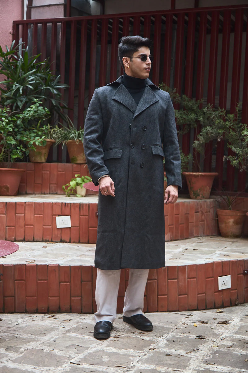 Men Ankle Length Striped Long Coat