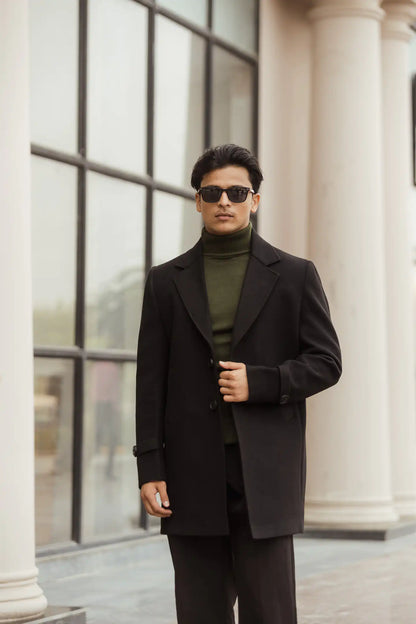 Men Long Coat Solid Weave