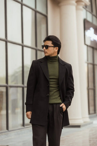 Men Long Coat Solid Weave