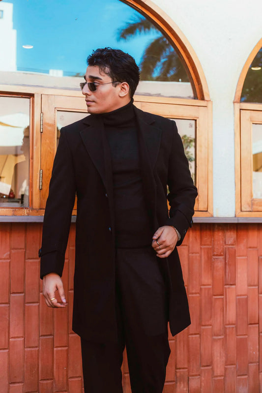 Men Long Coat Solid Weave