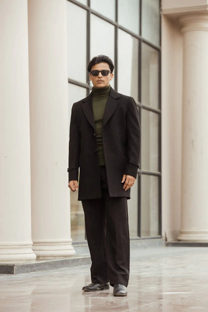 Men Long Coat Solid Weave