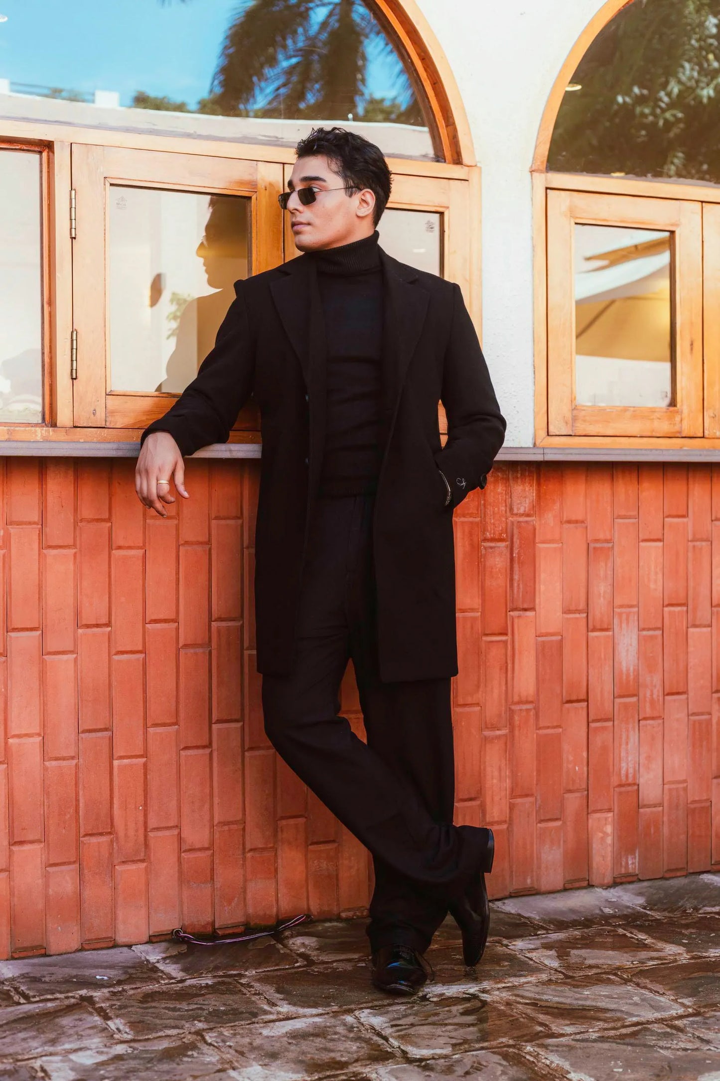 Men Long Coat Solid Weave