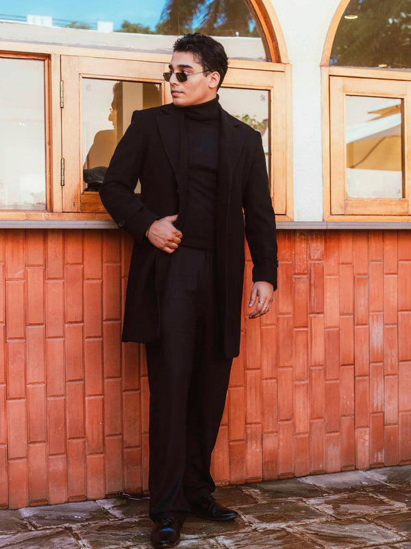 Men Long Coat Solid Weave