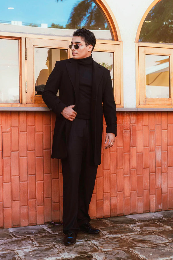 Men Long Coat Solid Weave