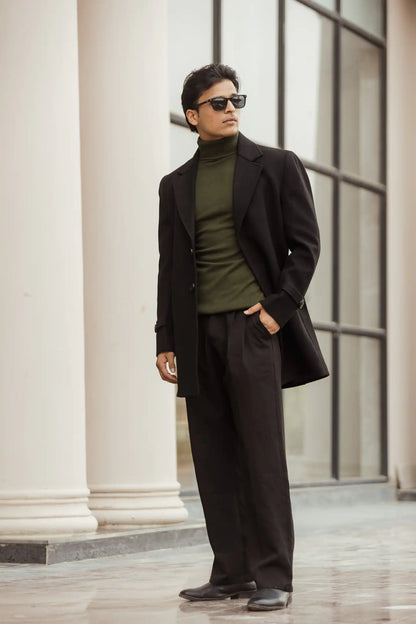 Men Long Coat Solid Weave