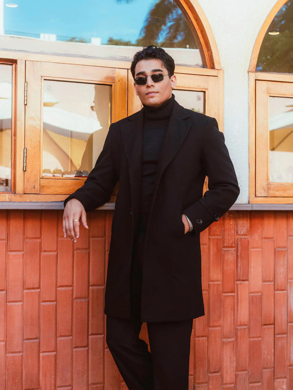 Men Long Coat Solid Weave