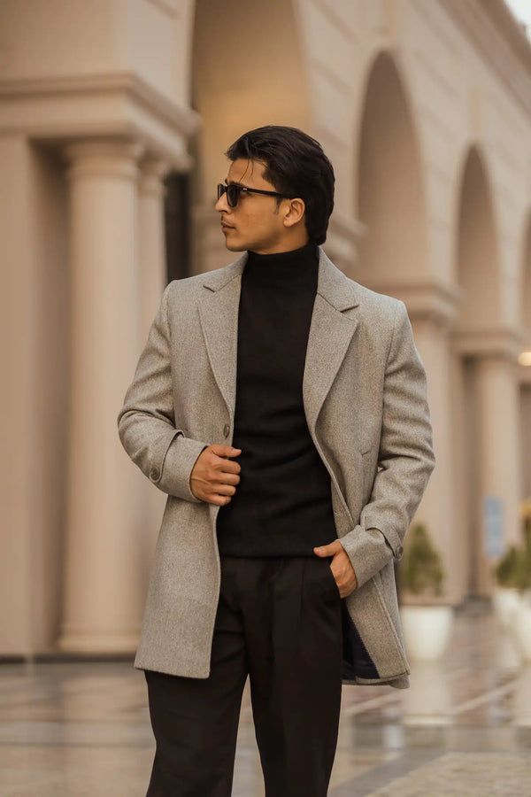 Men Long Coat Solid Weave