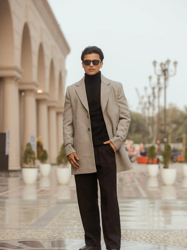 Men Long Coat Solid Weave