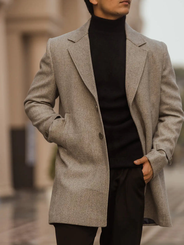 Men Long Coat Solid Weave