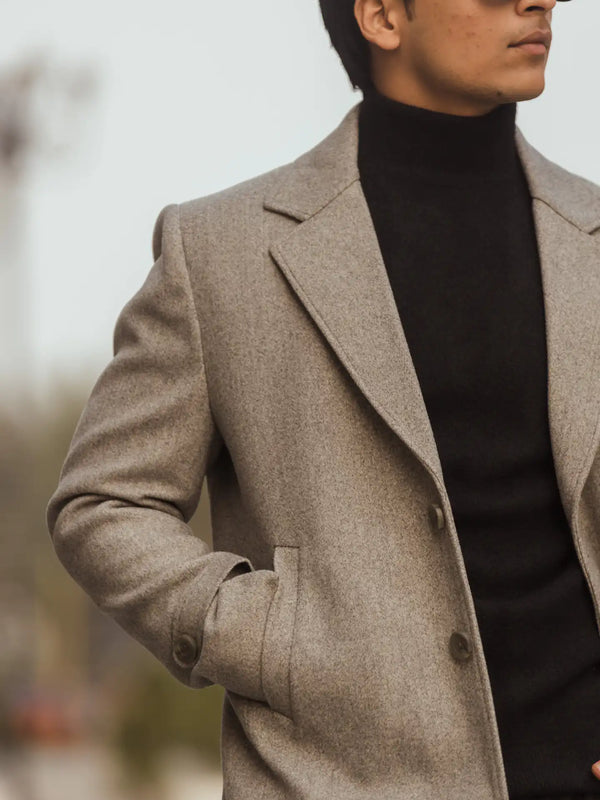 Men Long Coat Solid Weave