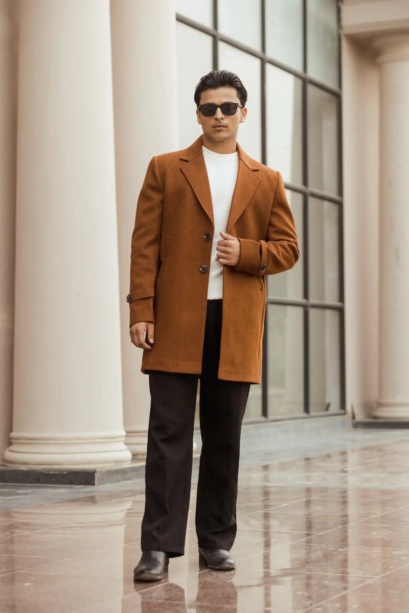 Men Long Coat Solid Weave