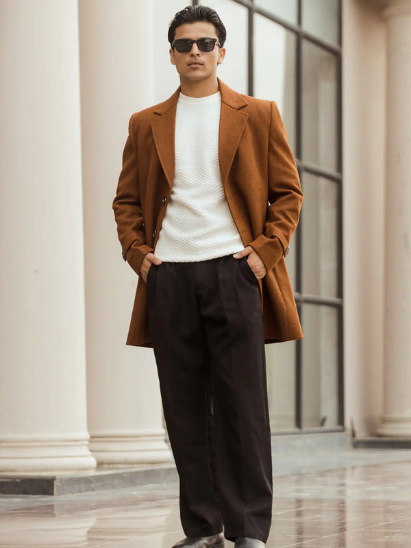 Men Long Coat Solid Weave