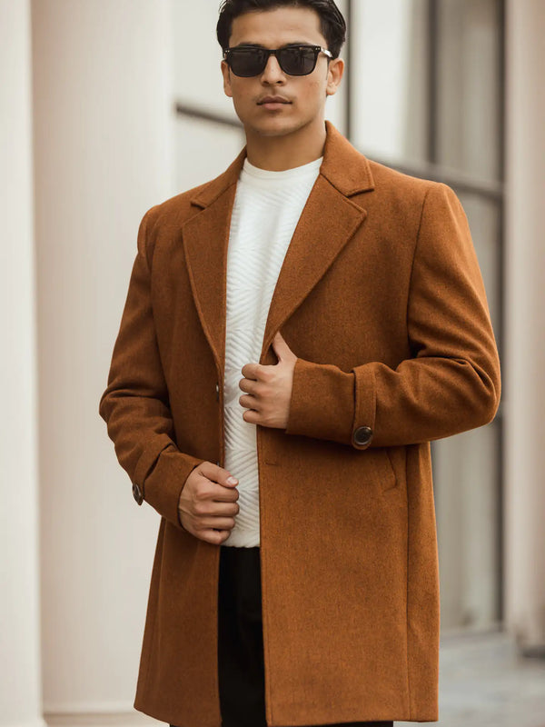 Men Long Coat Solid Weave