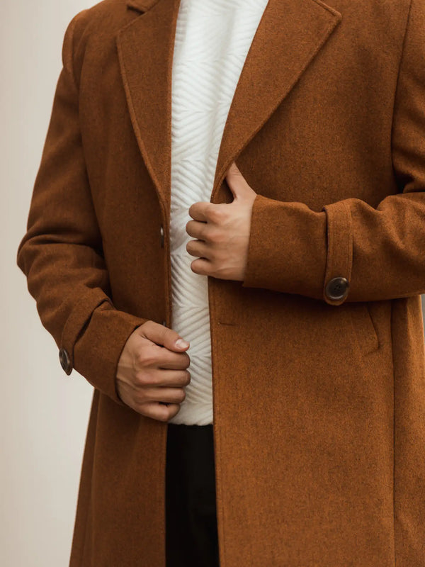 Men Long Coat Solid Weave