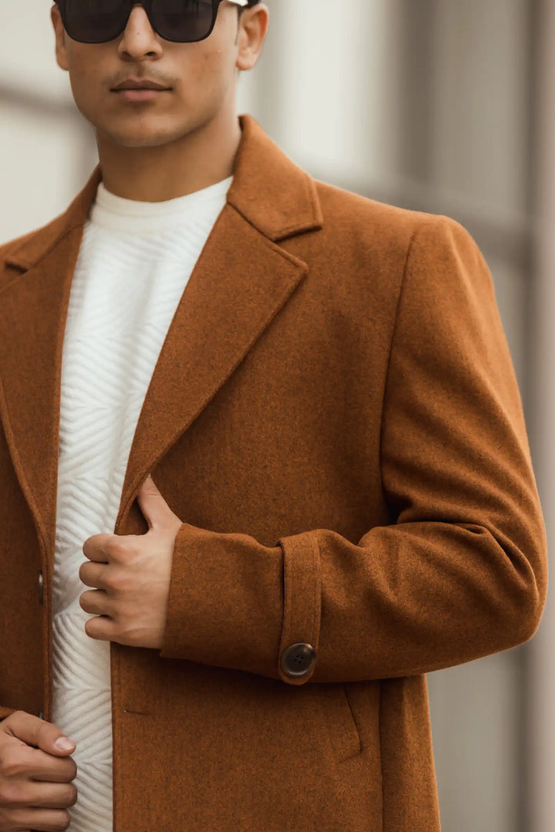 Men Long Coat Solid Weave