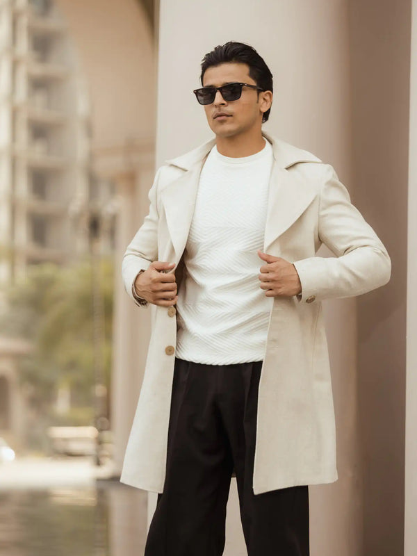 Men Long Coat Herringbone Weave
