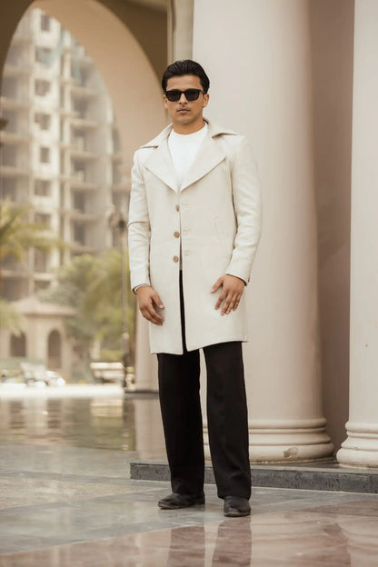 Men Long Coat Herringbone Weave
