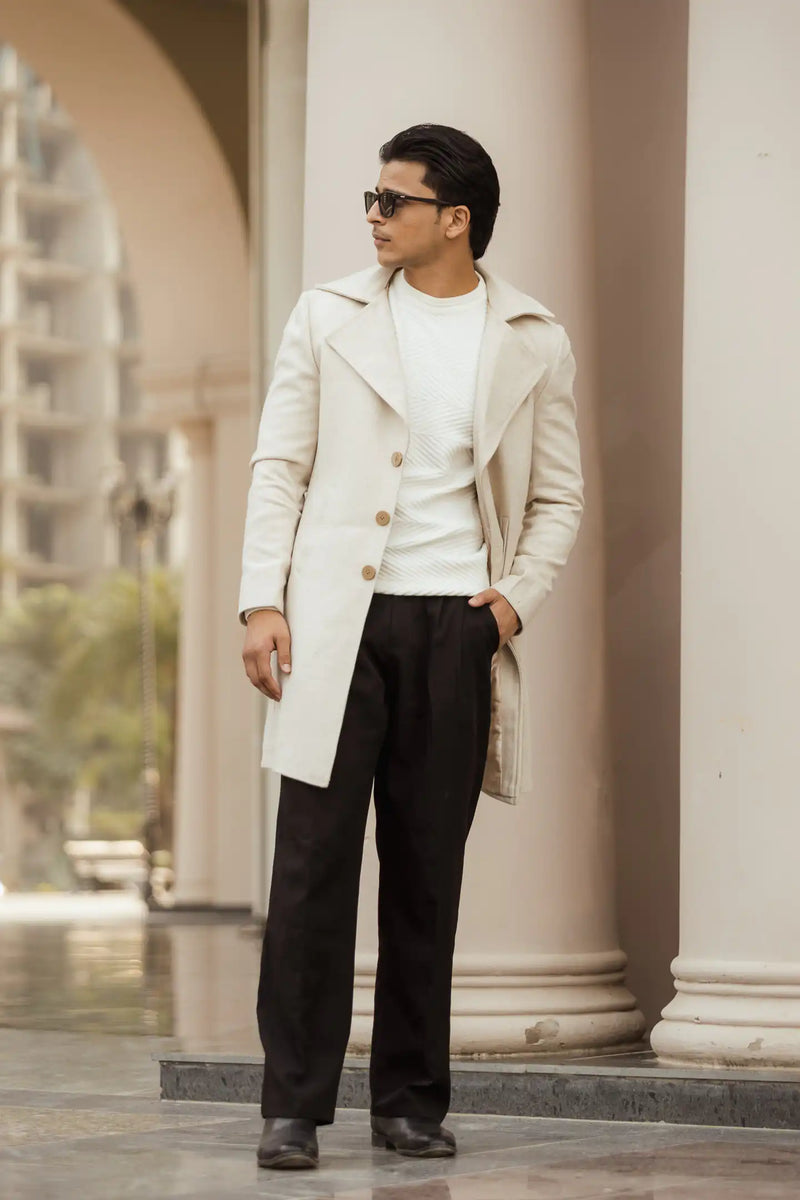 Men Long Coat Herringbone Weave