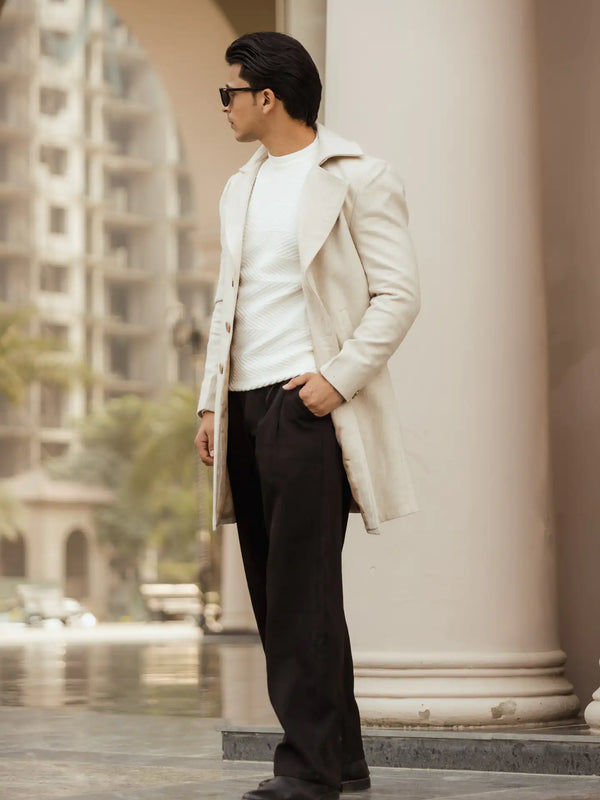 Men Long Coat Herringbone Weave