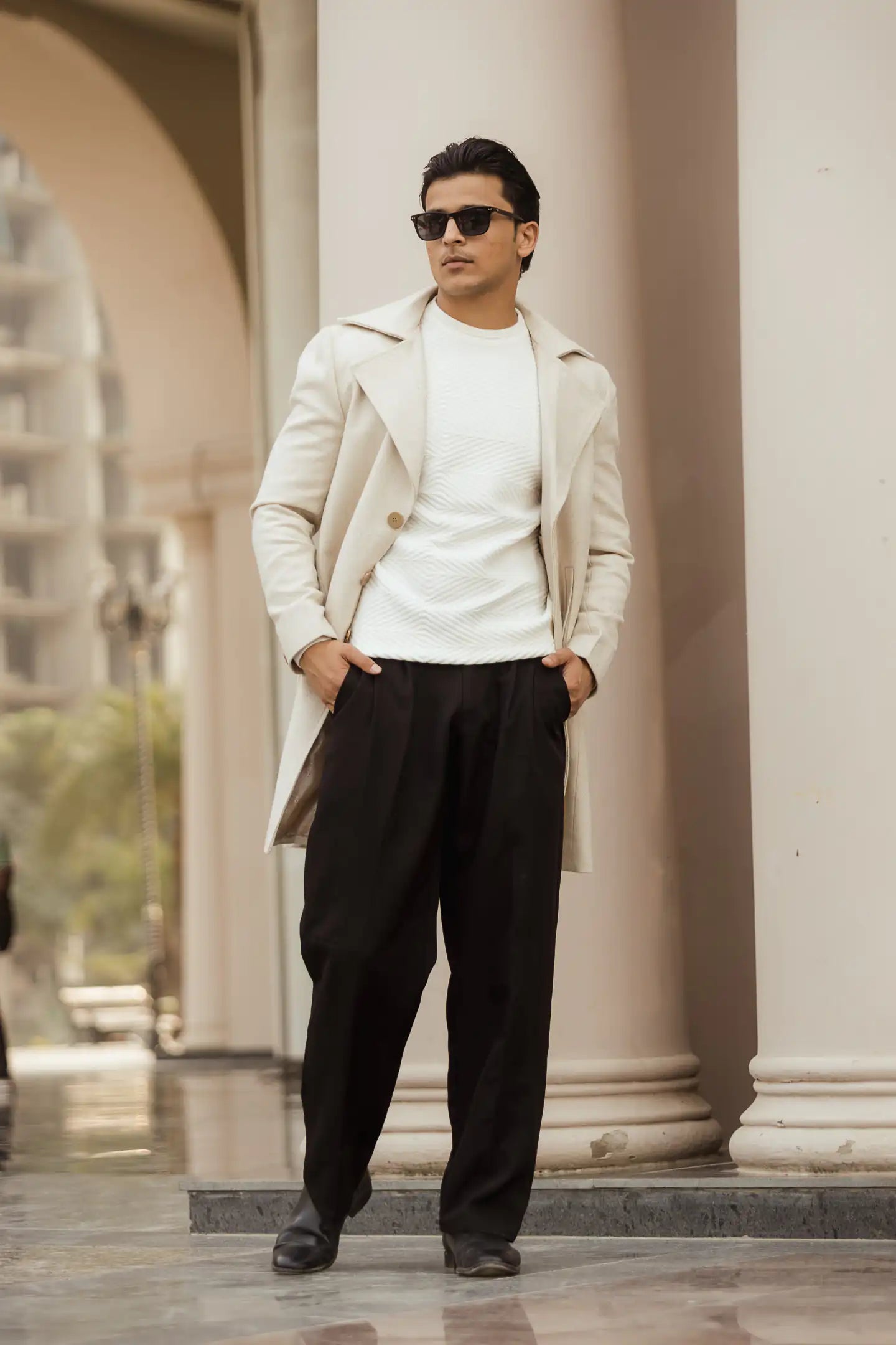 Men Long Coat Herringbone Weave