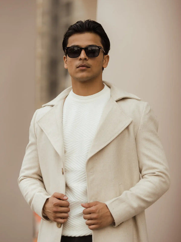 Men Long Coat Herringbone Weave