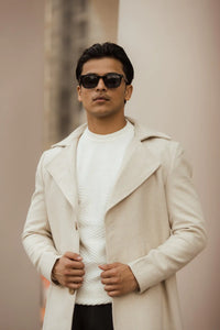 Men Long Coat Herringbone Weave