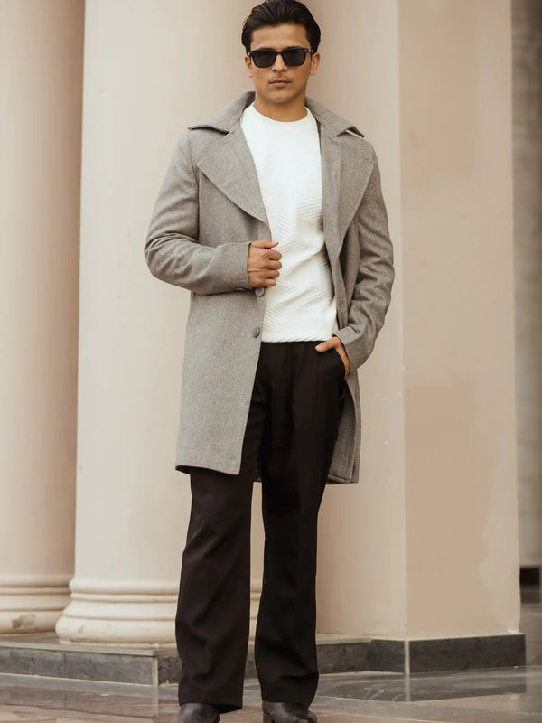 Men Long Coat Herringbone Weave