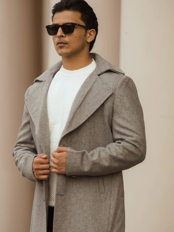 Men Long Coat Herringbone Weave