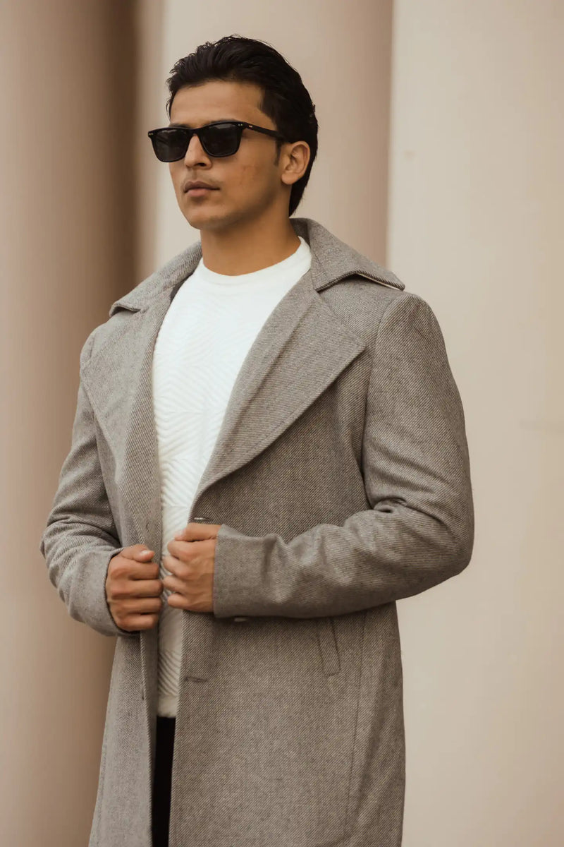 Men Long Coat Herringbone Weave