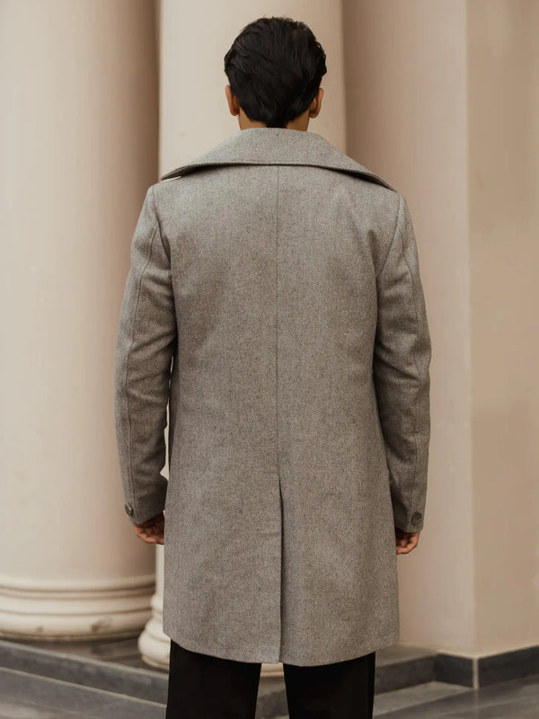 Men Long Coat Herringbone Weave
