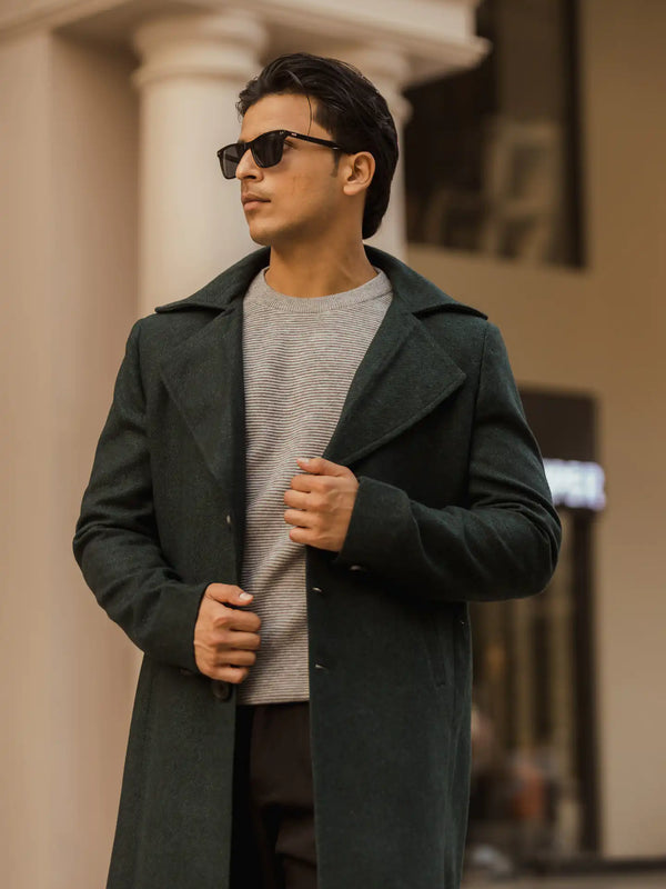 Men Long Coat Herringbone Weave