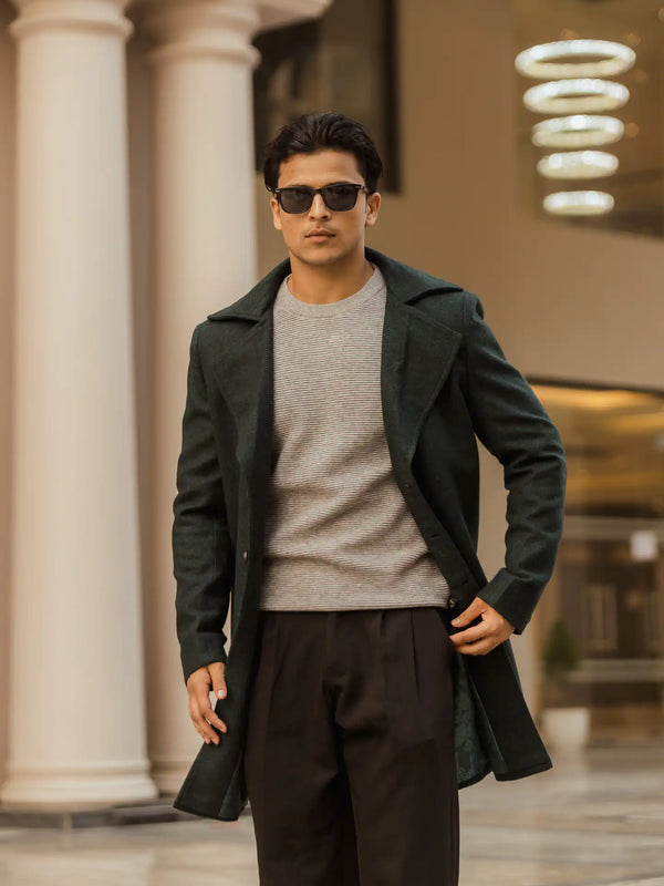 Men Long Coat Herringbone Weave