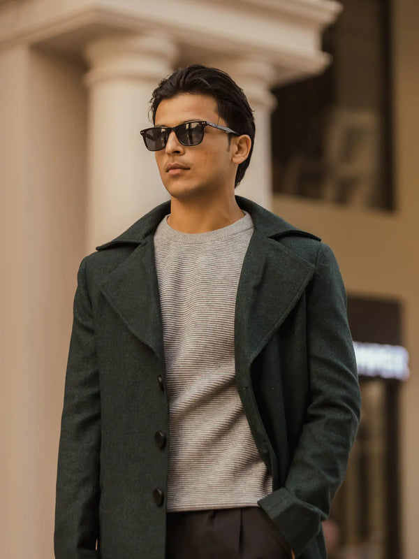 Men Long Coat Herringbone Weave