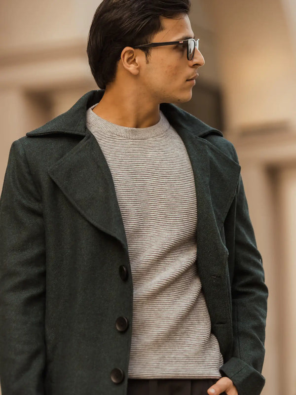 Men Long Coat Herringbone Weave
