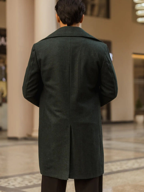 Men Long Coat Herringbone Weave